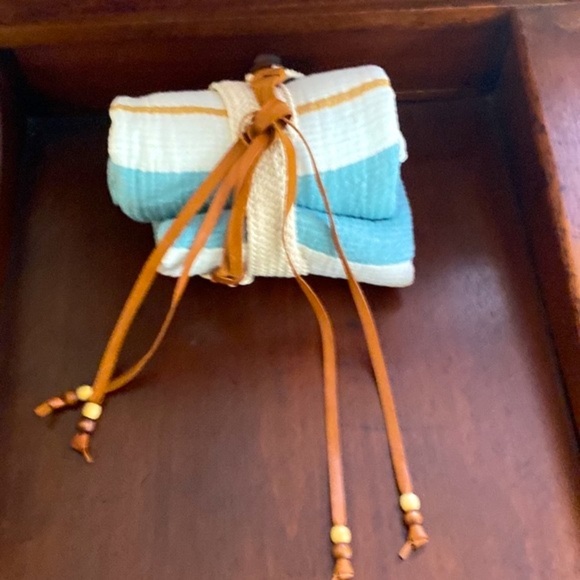 Anthropologie Boho Teal Mustard Ecru Soft Organic Throw Blanket Macrame Carrier - Picture 4 of 12